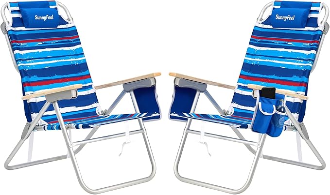 SUNNYFEEL Tall Beach Chair Reclining Beach Chair with 5-Position Portable Camping Chair for Adults with Wood Armrest Lightweight Camping Chair 300 lbs Heavy Duty Blue Stripe 2 Pack