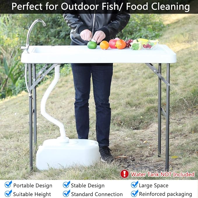 VINGLI Outdoor Folding Fish and Game Cleaning Table w/Sink| Portable &amp Durable Standard Garden Connection Upgraded Drainage Hose Stainless Steel (Classic)…
