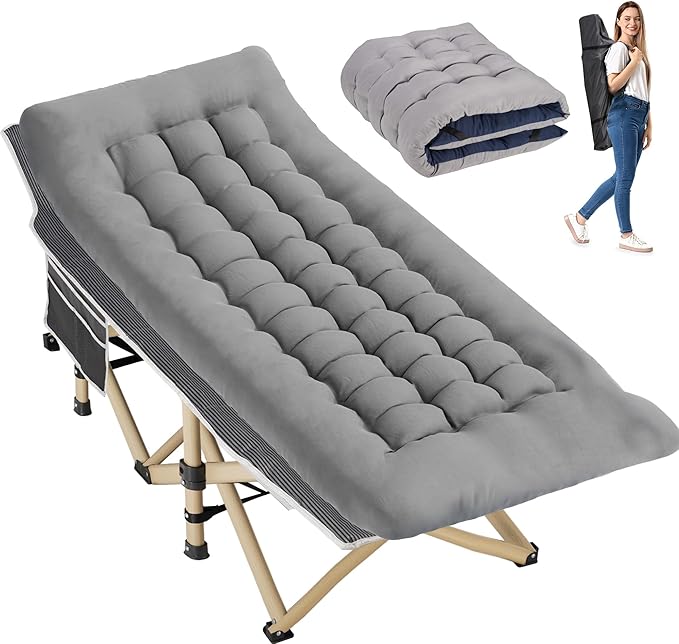 Folding Camping Cot for Sleeping Portable Cots for Adults Heavy Duty Cot Bed 550LBS(Max Load) Extra Wider Cots with Large Pocket for Outdoor Office Beach