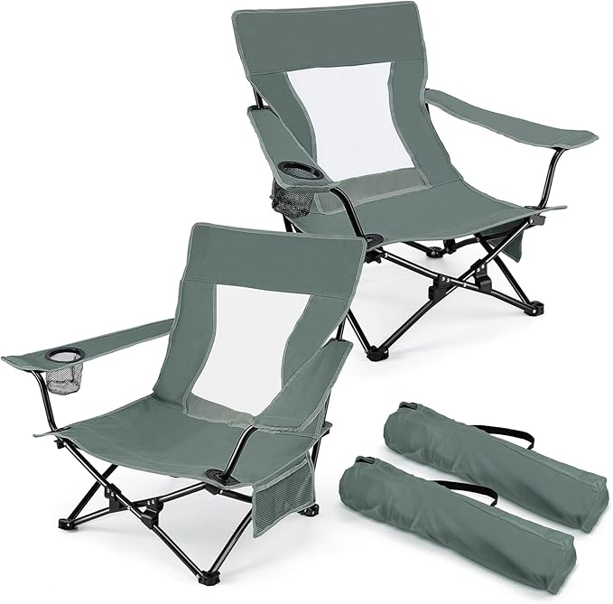 Joyfair Beach Camping Chair (2 Pack) Outdoor Folding Lawn Chair for Adults Heavy Duty Portable Chair with Armrest for Outside Fishing Sport Patio Cup Holder &amp Storage Pocket Carry Bag (Grey)