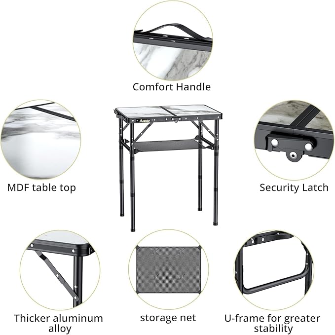 Anbte Folding Camping Table with Storage Net 3 Adjustable Height Max 27.5 Aluminum Small Folding Table Portable Table with Carry Handle Lightweight for Outdoor Indoor Travel Camping Picnic