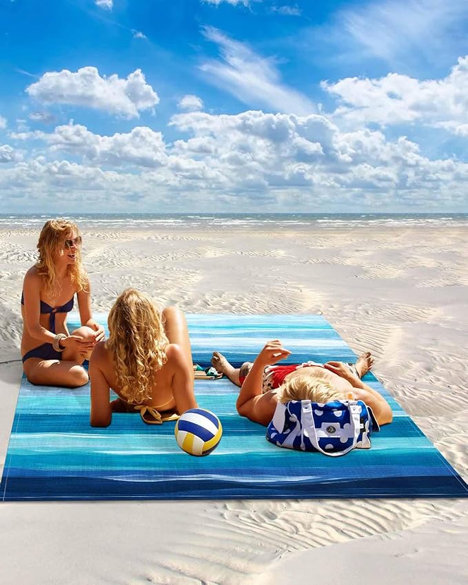 Beach Blanket Waterproof Sandproof Picnic Blanket 83x79 Foldable Beach Mat with Blue-green Stripes Ocean Beach Watercolor Pattern for Camping Park Grass Beach Travel