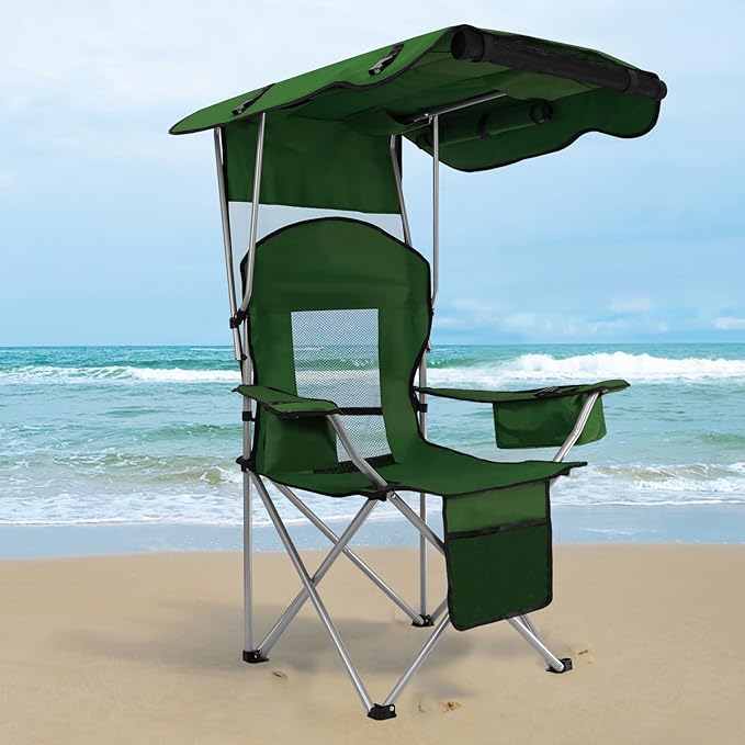 Beach Chair with Canopy Shade Folding Camping Chair Support to 330LBS Outdoor Chair with Cup Holder &amp Cooler Bag for Travel Hiking