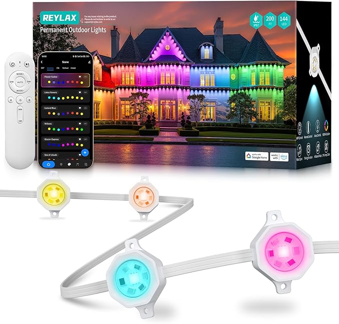 REYLAX Permanent Outdoor Lights Pro 200ft 144 Triple-LED 135lm RGB+IC Smart Eaves Christmas Lights for House IP67 Waterproof DIY Multi Scenes for Outdoor Decor Works with Alexa Google APP Remote