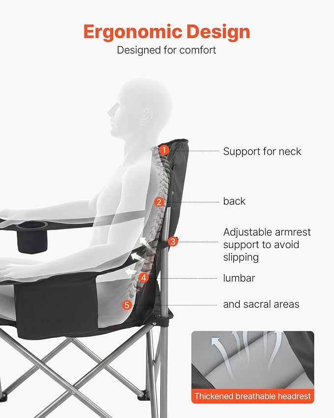 VEVOR Oversized Camping Folding Chair Portable Heavy Duty Outdoor Quad Lumbar Back Padded with Side Pockets Cup Holder and Cooler Bag for Beach Lawn Picnic Fishing Backpacking 2 Pack
