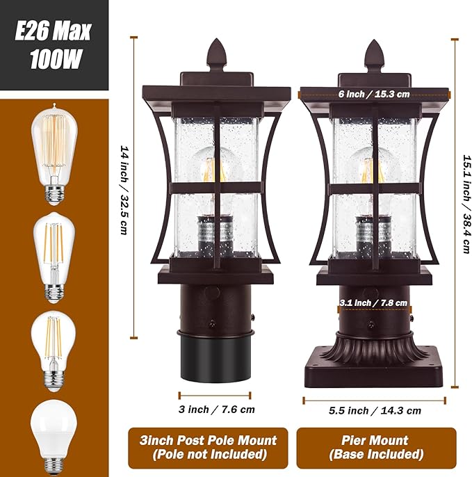 Dusk to Dawn Bronze Outdoor Post Light Fixtures with Pier Mount Base 2 Packs Outdoor Pole Lighting Waterproof Pillar Lantern Farmhouse Outside Column with Seeded Glass for Pathway Garden Patio