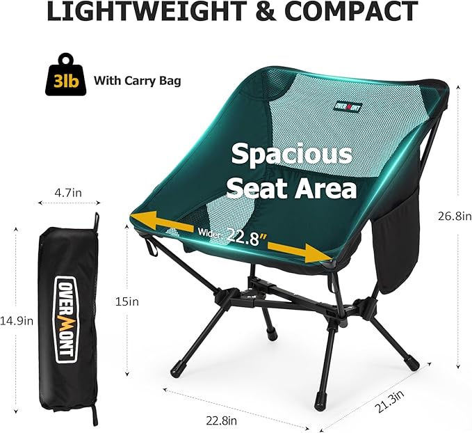 Overmont Ultralight Portable Camping Chair- Lightweight Folding Backpacking Chair Support up to 330Lbs Compact Beach Chair for Adults with Carry Bag for Backpack Hiking Fishing Outdoor Camp 2pcs