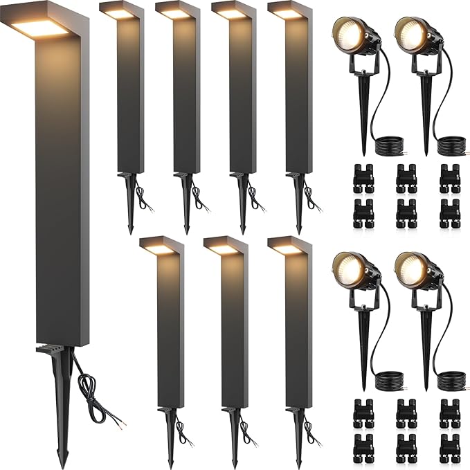 SUNVIE LED Low Voltage Landscape Lighting Kit Outdoor Waterproof Low Voltage Pathway Lights Wired with Spotlights 3000K Modern Outdoor Landscape Lights with Connectors for Path Yard Garden 12 Pack