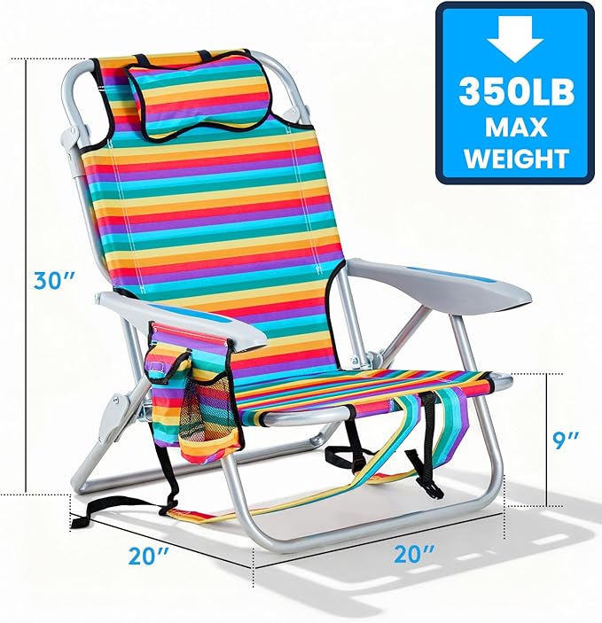 2 Pack Lightweight Portable Camping Beach Chair for Adult Outdoor Lay Flat Folding Beach Chairs with 5 Position Backpack Beach Chair with Towel Bar Zipper Pouch Cup Holder Rainbow Striped