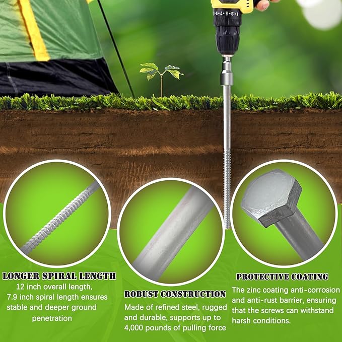6pcs 3/8 x 12 inch Heavy Duty Camping Ground Anchors Non-Rust Tent Stakes Screw in Kit for Securing Animals Trampoline Carports Canopies Sheds Swing Sets Ground Anchors for High Winds