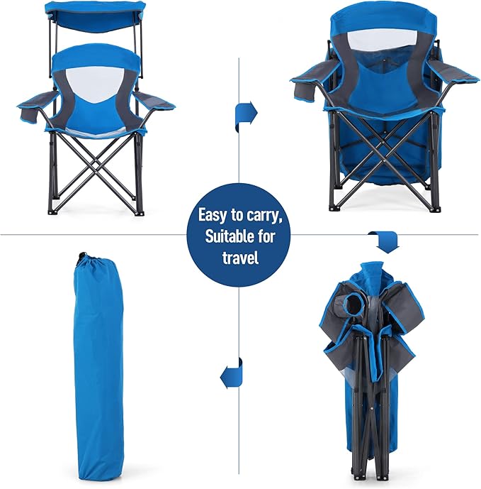 ALPHA CAMP Camp Chair with Shade Canopy Folding Camping Chair with Cup Holder and Carry Bag for Outdoor Camping Hiking Beach Heavy Duty 300 LBS Royal Blue