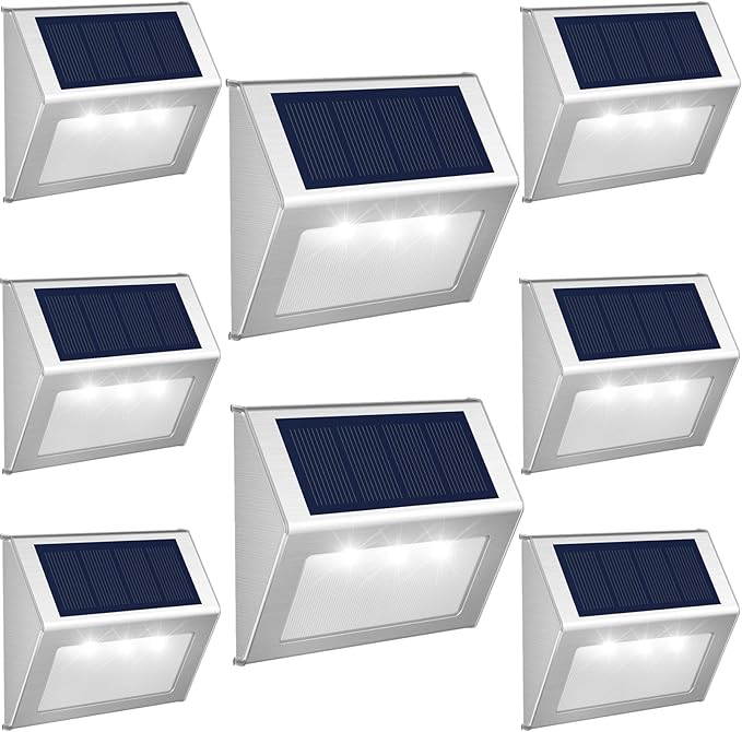 JSOT Solar Lights Outdoor for DeckWaterproof Solar Garden Lights Decorative Outside Lamp for WalkwayFence PostBackyardRailingWallPoolStepStairs 8 Lights Cool White