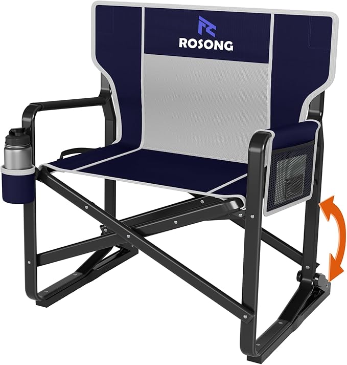 Rocking Camping Chair Rocker Folding Chair Lawn Chairs with Cup Holders Foldable Outdoor Freestyle Navy Blue