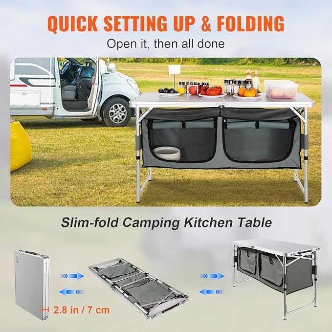 VEVOR Camping Kitchen Station 3 Adjustable Height Folding Outdoor Camp Cooking Table with Storage Organizer Quick Set-up for Patio BBQ Picnic Glamping Traveling