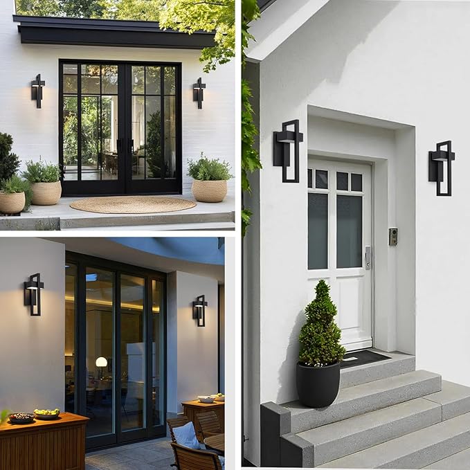 Krychiler 13.6 Inch Contemporary Outdoor Wall Lights with 3000K Integrated LED 2 Packs Matte Black Metal Modern Exterior Lighting Fixtures Outside Wall Mount for House Porch Patio Garage Front Door