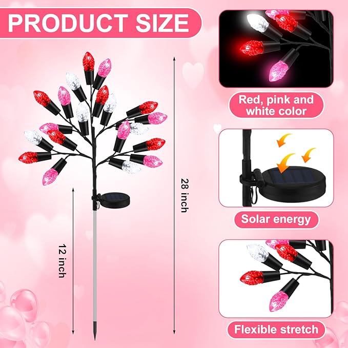4 Pcs Valentine's Day Outdoor Decoration Solar Pathway Lights 28 Pink Stake Light Waterproof 8 Modes 80 Heart Shape LEDs for Yard Walkway Path Garden Patio Valentine Decor