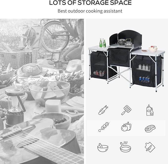 Aluminum Portable Camping Kitchen Fold Up Cooking Table with Windscreen and 3 Enclosed Cupboards for BBQ Party Picnics Backyards