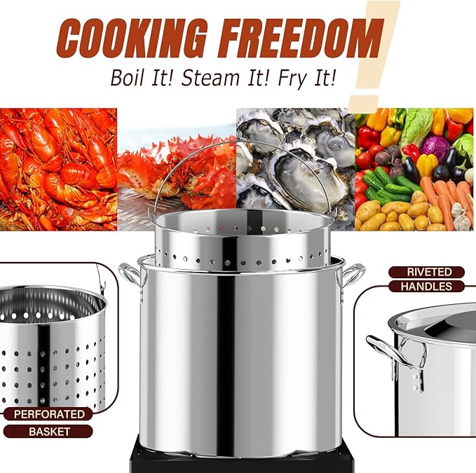 Stainless Steel 100QT Crawfish Boiler Kit Waterproof Cover &amp 18-inch Skimmer 110000BTU Propane Burner Stove 0-20PSIG Regulator Seafood Boil Pot Crab Boil Pot with 80QT Basket