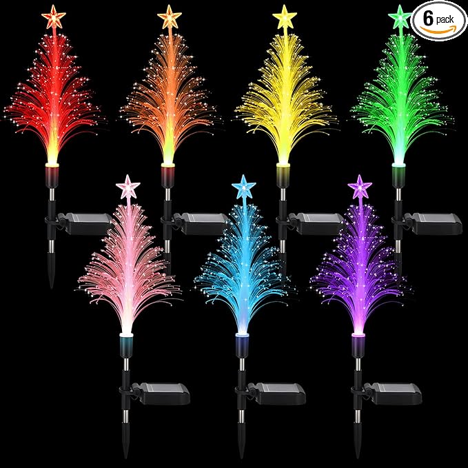 Baquler 6 Pack Solar Christmas Tree Garden Stake Lights Outdoor Waterproof Color Changing Christmas Lighted Yard Decorations Optical Fiber Xmas Pathway Lights for Lawn Patio Cemetery (7 Color Change)