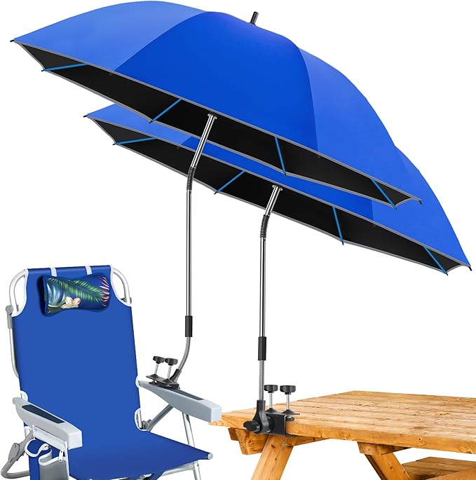 Beach Umbrella2PACK 48.7inch Chair Umbrella with Clamp adjustable 360°UV Protection Large Camping Chair Umbrellas for Camping chair Glof CartTable（ChairTable not include）