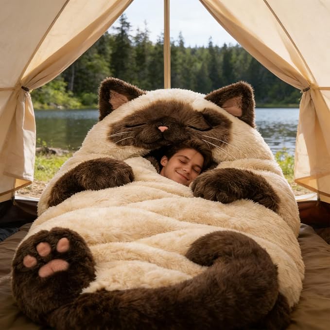 Cat Shaped Sleeping Bag for Adults 69x31 Extra Large Plush Floor Lounger Cozy Envelope Sleep Sack for Camping Travel &amp Indoor Use Soft Washable Warm Blanket