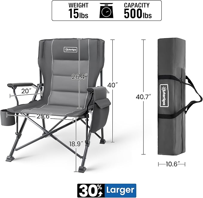 Oversized Folding Camping Chairs for Adults Heavy Duty Support 500lbs Big and Tall High Back Camping Chairs for Heavy People Padded Lawn Chairs Camp Chairs for PatioBeachCampLawnOutdoorGrey