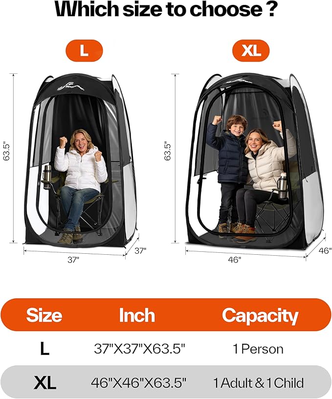 Sportneer XL Pop Up Sports Tent 46 L x 46 W x 63.5 H Clear TPU Outdoor Shelter for 1 Adult &amp 1 Child All-Weather Warm Bubble Pod with Instant Setup Wind &amp Rain Protection for Spectators