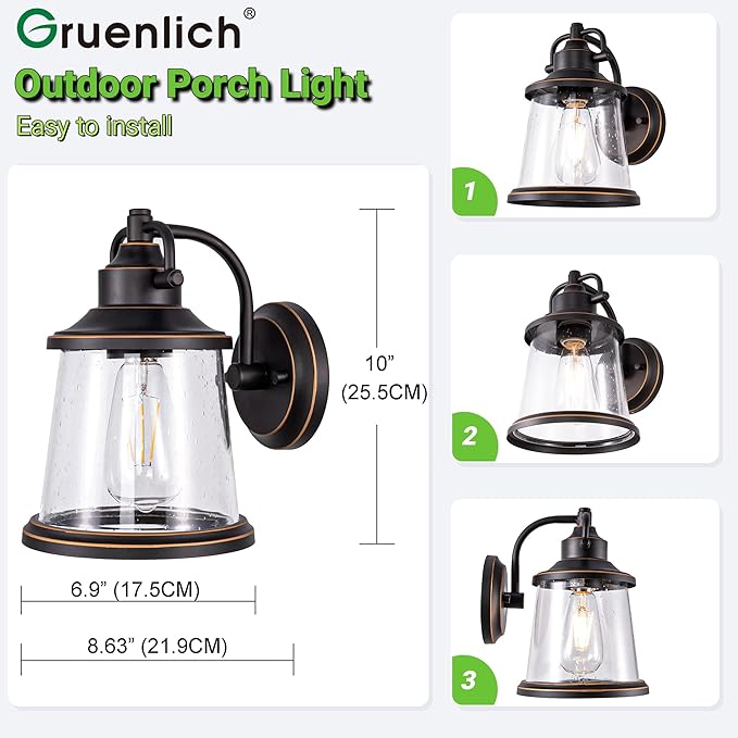 GRUENLICH Outdoor Wall Lantern Wall Sconce as Porch Lighting Fixture E26 Medium Base Metal Housing Plus Seeded Glass Oil Rubbed Bronze Finish Bulb Not Included 1-Pack