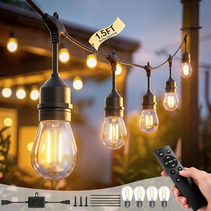 100FT S14 Outdoor String Lights 64+4 Shatterproof Bulbs 2W 1.5FT Spacing IP65 Waterproof| Dimmable with Remote Heavy-Duty Include Screw &amp Zip Ties for Patio Backyard Holiday Outside