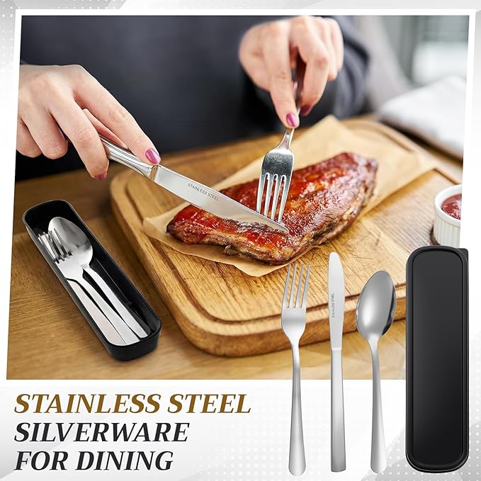 Lothee 20 Pack Travel Utensils with Case Stainless Steel Portable Camping Cutlery Set Bulk Forks Knives Spoons Silverware Set for Work Picnic Travel and Lunchboxes Dishwasher Safe Black