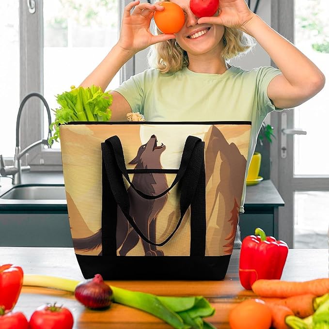 Insulated Shopping BagLarge Reusable Cooler Bags Wolf Printed Foldable Shopping BagTravel Waterproof Shoulder Bag