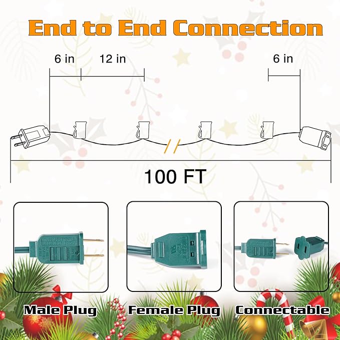 100FT C9 Light String Christmas Stringer E17 Light Sockets 12 Spacing C9 Stringer Set Green Outdoor String Light Strand for Wedding Patio Event Lighting Decor Green Wire
