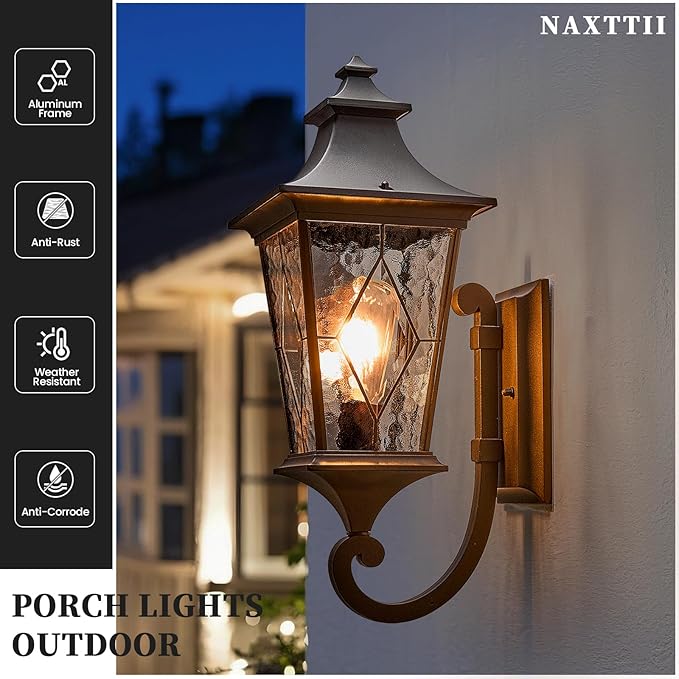 Outdoor Garage Lighting Fixtures 14.6 Inch Outdoor Wall Sconce Light Waterproof Outdoor Light Fixtures Wall Mount with Water Ripple Handmade Glass for Porch 2-Pack E26 Socket
