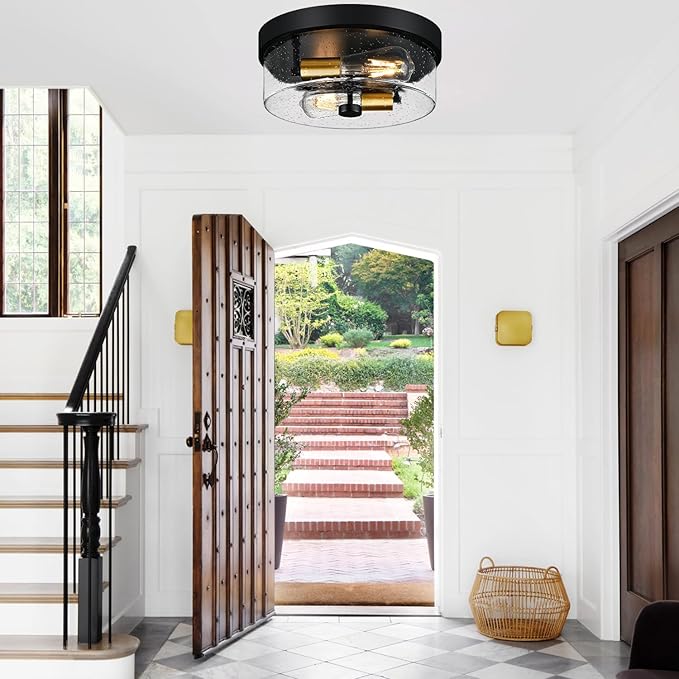 Flush Mount Ceiling Light Fixtures 2-Light Black and Gold Ceiling Mount for Farmhouse with Seeded Glass Lampshade Industrial Flush Mount Light Fixture for Hallway Kitchen Entryway and Foyer