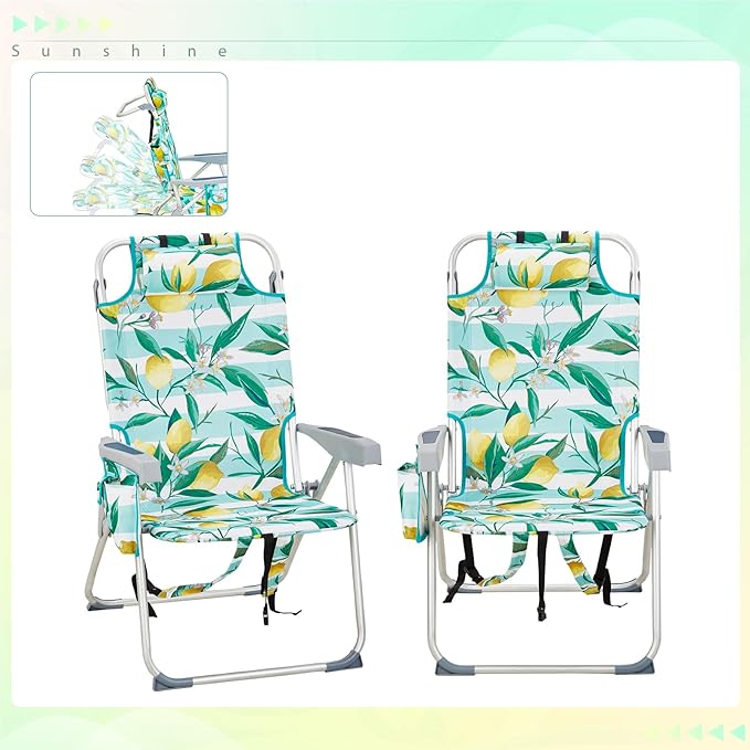 Lightweight Folding Beach Chair with Adjustable Back Cup Holder &amp Storage 600D Polyester Aluminum Frame Lemon