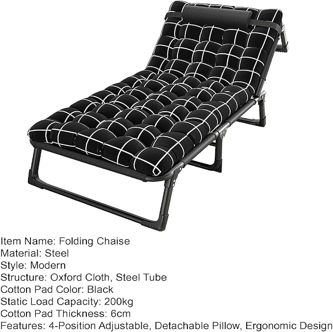 Cots for Sleeping with Mattress Sleep Cots for Adults Adjustable 4-Fold Guest Bed Folding Camping Bed Outdoor Lounge Chair Sleeping Cots for Sunbathing Camping Pool Beach Patio Black
