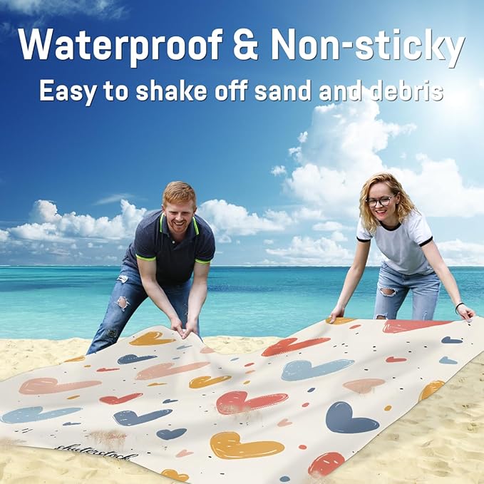 Waterproof Sandproof Beach Blanket 59''×68'' Multi-Color Heart Pattern Polyester Outdoor Picnic Blanket with 4 Stakes &amp Storage Bag for BeachCampingVacation