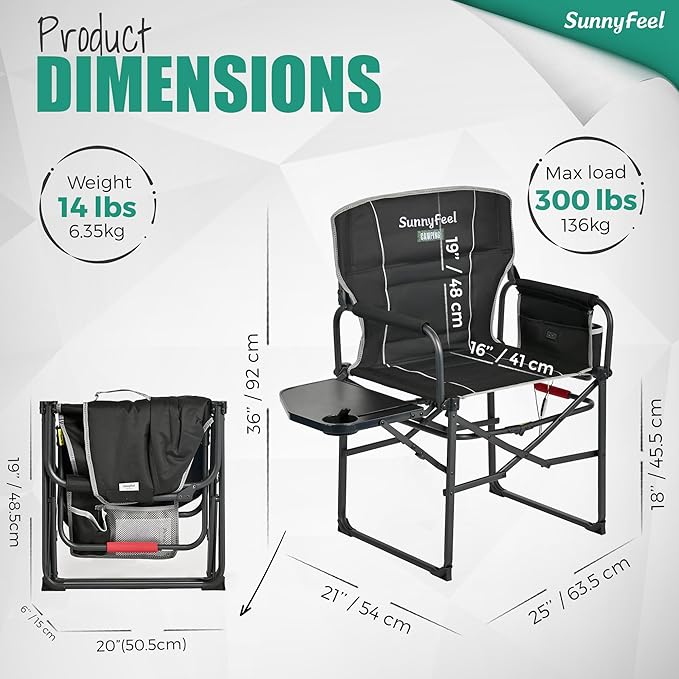 SUNNYFEEL Heated Camping Directors Chair Heavy DutyOversized Outdoor Portable Heating Folding Chair with Side Table Pocket for Beach FishingTripPicnicLawnConcert Foldable Camp Chairs