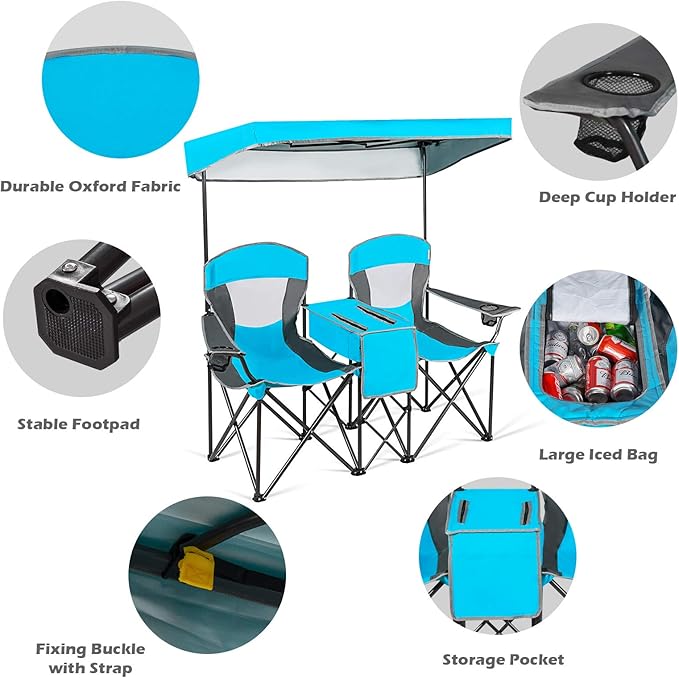 COSTWAY Double Camping Chair Portable Camping Chairs with Canopy Cup Holder Iced Bag Storage Bag Carrying Bag Folding Loveseat Camping Chair for Adults Outdoors Sport Blue