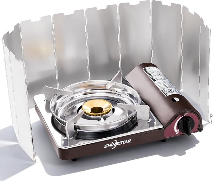 SHINESTAR 14000 BTU Butane Camping Stove Double Wind-Guard Portable Butane Stove for Camping Hiking Emergencies Tailgating Essentials Carrying Case Included Brown