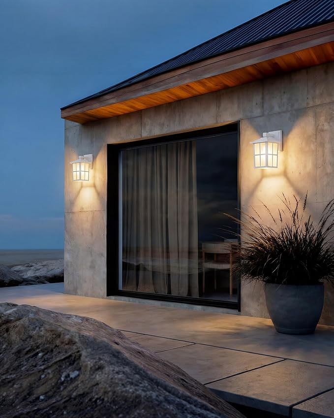 KDG Outdoor Waterproof Patio Wall Light Fixtures Set of 2 White E26 Socket Exterior Lanterns with Tempered Glass Modern Wall Mounted Lamp Suitable for Home Front Door Garden Garage Porch