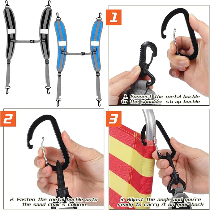 Outus 2 Pack Beach Chair Backpack Straps Adjustable Shoulder Carry Strap with 8 Aluminum Carabiners Clips Backpack Straps Replacement Heavy Duty Nylon Chair Carrying for Beach Camping Folding Chairs