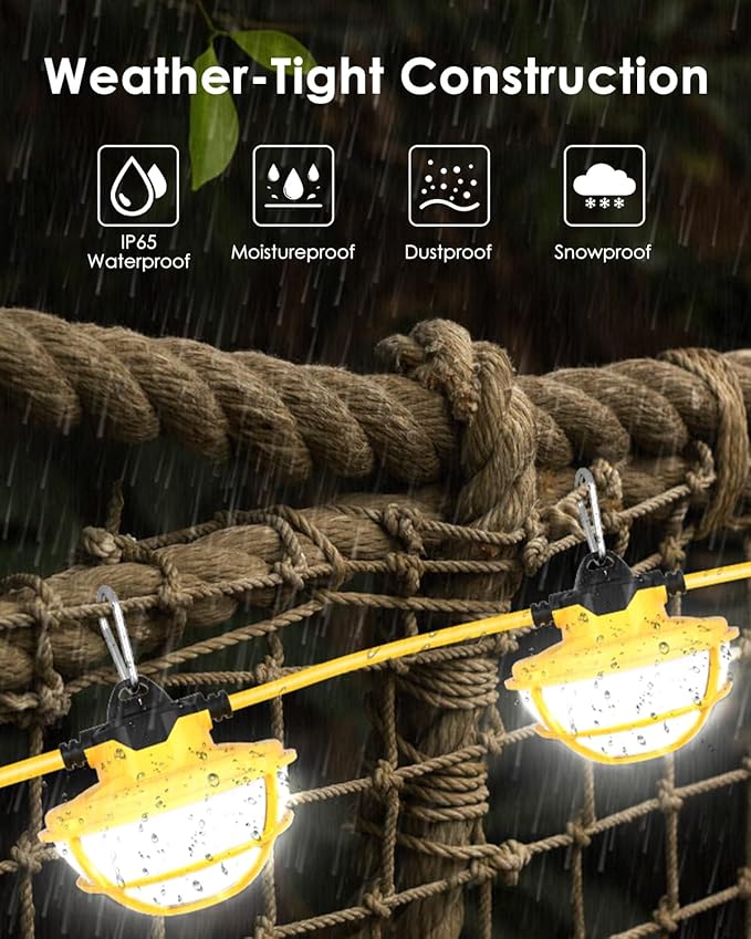 100FT LED Construction String Lights - 3 Prong 130W 16000LM Plug in Linkable String Work Lights 5000K Weatherproof Temporary Lighting for Construction Sites Jobsites Indoor &amp Outdoor UL Liste