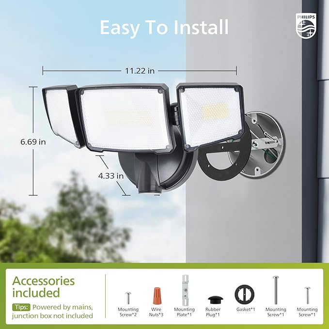 Philips 72W 7400LM LED Flood Lights Outdoor Switch Controlled Aluminum Security Lights 3 Adjustable Heads Wall Mount 5000K Daylight Waterproof for Yard Garage (2 Packs)