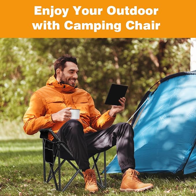 2PCS Folding Camping Chair Portable Outdoor Heavy Duty Padded Chairs Lawn Chair with Cup Holder Storage Pocket and Cooler Bag Supports 480LBS Black