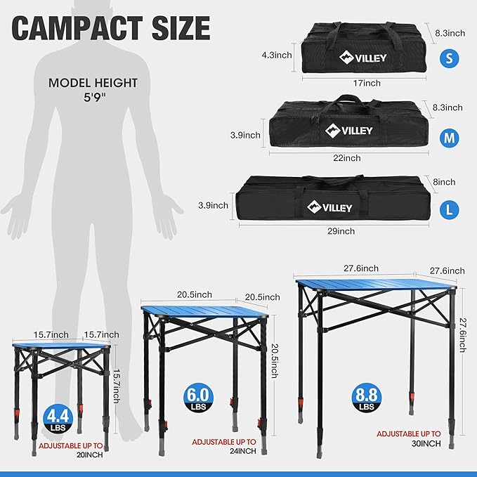 VILLEY Folding Camping Square Table with Carry Bag Lightweight Aluminum Adjustable Square Table for Outdoor Camping Picnic Backyards BBQ (L)