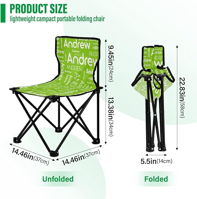 Sinestour Light Green Custom Folding Camping Chair for Teen Child Personalized Name 14.6×14.6in Portable Outdoor Chair with Carry Bag for Travel Hiking Lawn