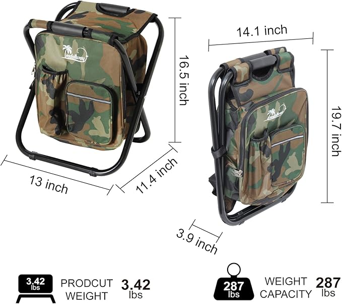 LEADALLWAY Fishing Chair with Cooler Bag Compact Fishing Stool Foldable Camping Chair