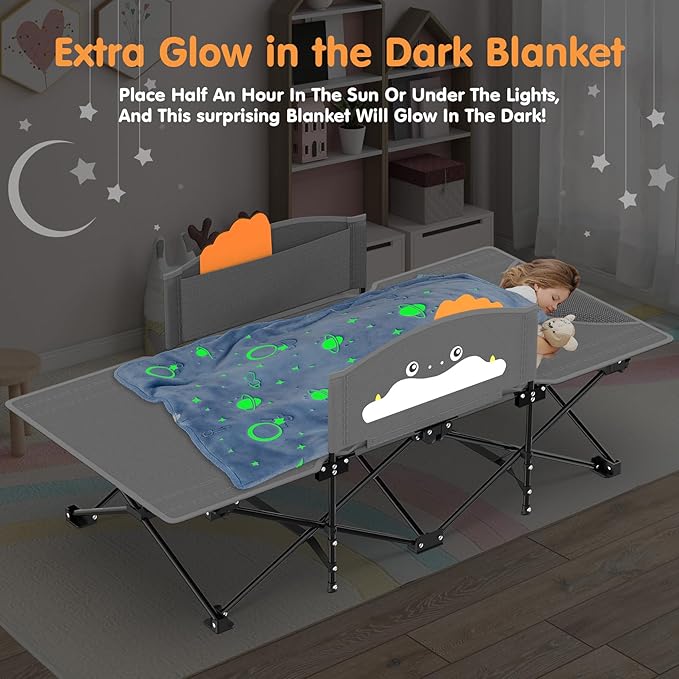 Suteck Kids Camping Cot Comfortable Toddler Cot Bed Easy to Store and Use Portable Sleeping Cot with Guardrail Lightweight Bed for Outdoor Indoor Home
