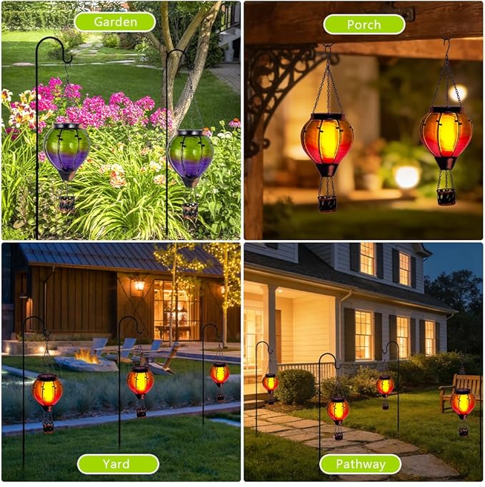 Gradient Hot Air Balloon Solar Lanterns Outdoor WaterproofGradient Glass Solar Hanging Hot Air Balloon Lantern with Flame Flickering Lights for PatioPorchYard Decor
